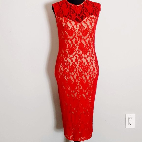 Red Nude Illusion Lace Sweetheart Neckline Dress - Picture 1 of 6